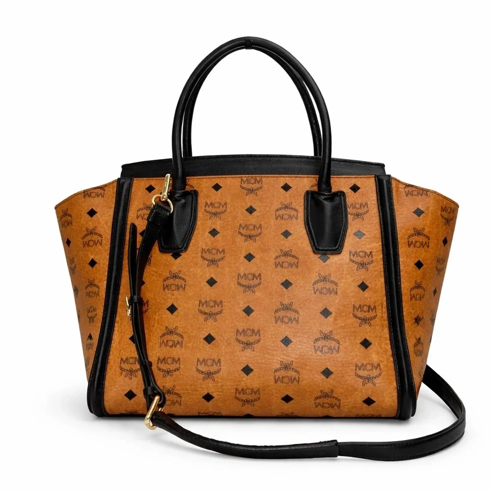 MCM Vintage Cognac Visetos Tote Bag Black Leather Trim Satchel Handbag